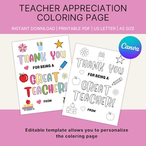 Página para colorear imprimible de agradecimiento al maestro, carta editable para el maestro, último día de clases, carta de agradecimiento, regalo para el maestro