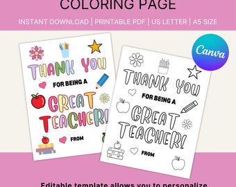 Editable Teacher Appreciation Coloring Page & Letter, Teacher Appreciation Letter,  Canva Template ,Digital Download