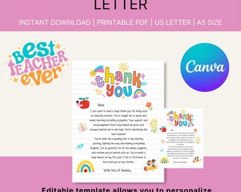 Editable Teacher Appreciation Letter, End of School Year Thank You,  Canva Template, Digital Download