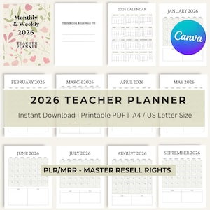 Op de afbeelding: Een printbare 2026-leraarplanner met maandelijkse en wekelijkse kalenders. De planner is beschikbaar voor directe download in PDF-formaat en is ontworpen voor A4- of US Letter-formaat papier. De tekst "2026 Teacher Planner" wordt bovenaan de afbeelding in een groot lettertype weergegeven. De tekst "Instant Download | Printable PDF | A4 / US Letter Size" wordt onder de titel weergegeven. De tekst "PLR/MRR - Master Resell Rights" wordt onderaan de afbeelding weergegeven.