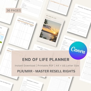 May include: A selection of printable planner pages, featuring sections for personal details, children's information, and bank account details. The title "End of Life Planner" is displayed, alongside the Canva logo. The image also includes the text "36 Pages".