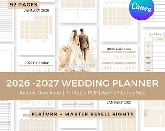Op de afbeelding: Een trouwplanner met kalenderpagina's voor 2026 en 2027. De planner bevat pagina's voor januari en februari 2026 en januari 2027. De omslag toont een aquarel illustratie van een bruid en bruidegom. De tekst luidt "2026-2027 Wedding Planner".