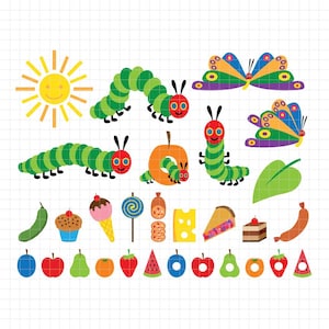 May include: A collection of colorful cartoon illustrations featuring a smiling sun, green caterpillars, butterflies, and various food items like fruit, cake, and ice cream. The illustrations are in a playful, whimsical style.