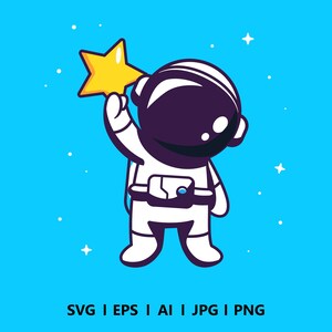 Astronauta de dibujos animados dibujados a mano SVG astronauta volador sosteniendo una linda estrella Clipart Vector silueta Archivos de corte para Cricut Descarga digital PNG JPG
