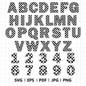 Alfabeto a cuadros dibujado a mano (PNG), números a cuadros de carreras, letras del alfabeto, archivo PNG, números de carreras, conjunto de alfabeto de carreras (PNG), descarga instantánea