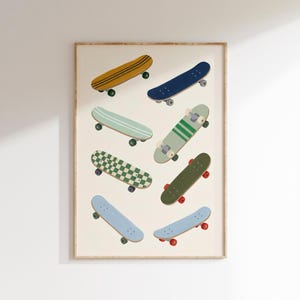 Skateboardtryck, krämfärgad väggkonst för barnrum, retro pojkrumsinredning, cool skateboardaffisch för barn, digital nedladdning
