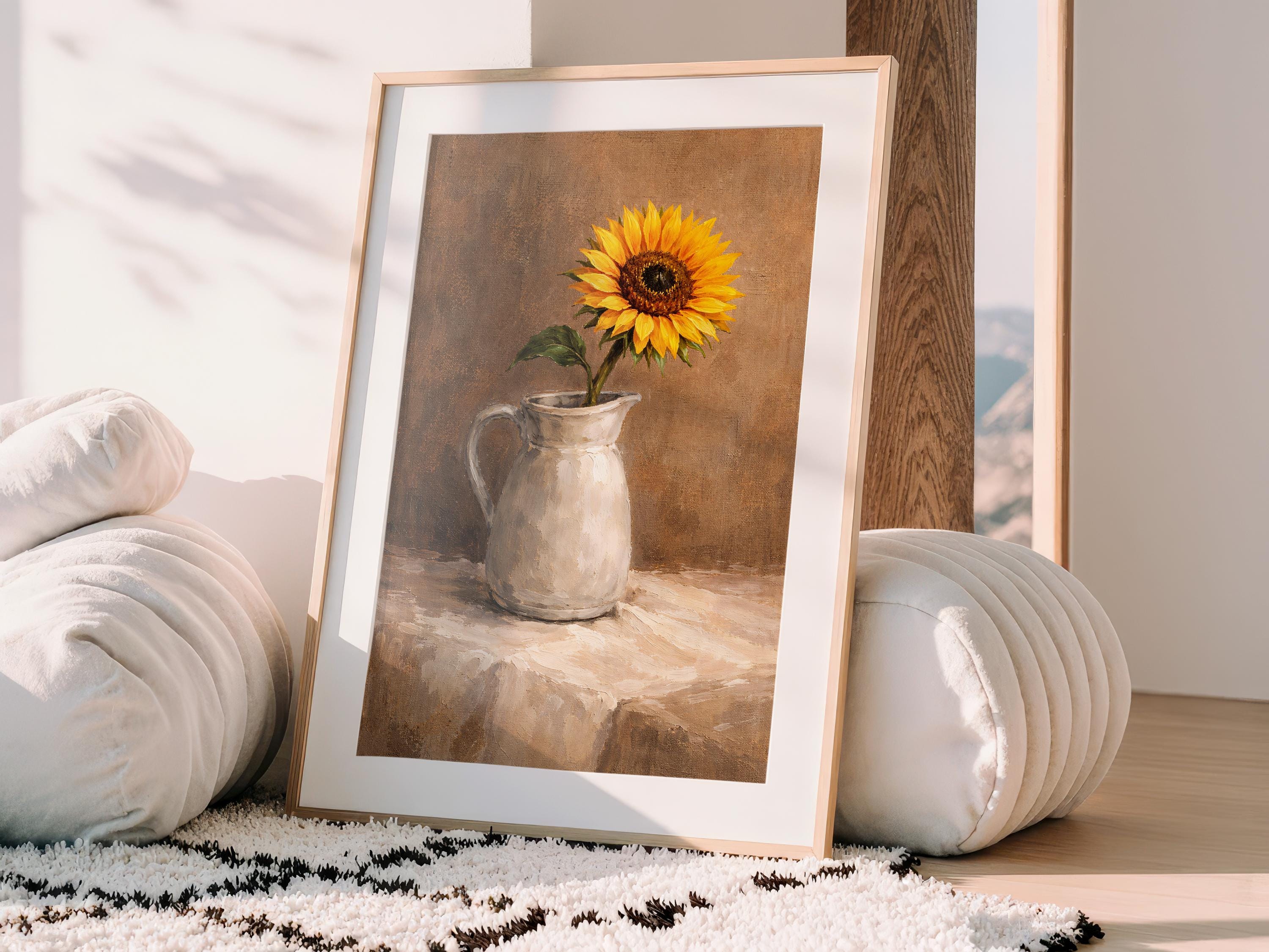 Sunflower Oil Painting Wall Art – Rustic Floral Still Life Print ...