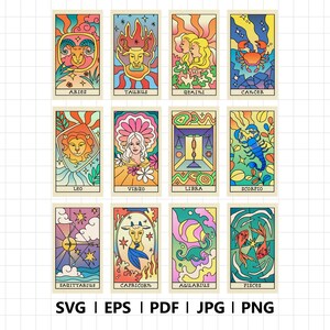 Sternzeichen Tarot Deck SVG Bundle, Horskop Tarot Karten SVG Set, Tarot Journal bedruckbar, Tarot Tasche SVG, Liebe Tarot Lesung, SVG-Dateien für Cricut