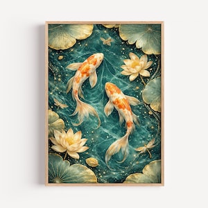 Arte de estanque koi con remolino esmeralda: ilustración japonesa moderna, impresión gráfica de jardín acuático, decoración de pared zen, regalo de pez koi, descarga digital