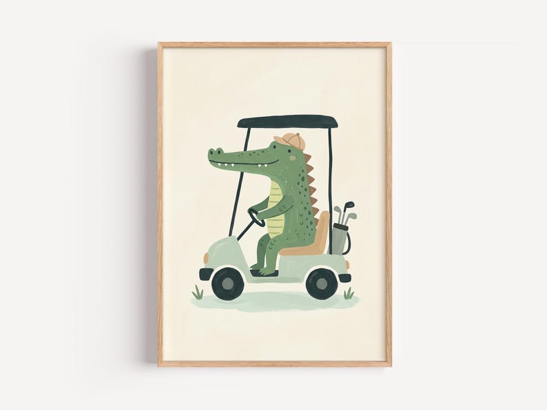 May include: A framed wall art print featuring a green alligator wearing a tan cap, driving a light green golf cart. The cart includes a tan seat, a black roof, and a golf bag with clubs in the back. The illustration is set against a cream background.