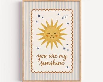 Barnrumstryck med solen, vintageväggkonst för barn, nyckfull babyrumsdekor, illustration med positivt citat, neutralt barnrum