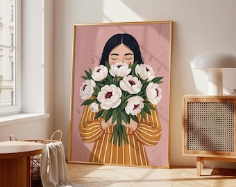 Lámina decorativa moderna de mujer con estampado floral, retrato abstracto amarillo, ilustración botánica contemporánea, decoración minimalista para el hogar y la sala de estar.