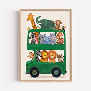 May include: A framed wall art print featuring a green double-decker bus filled with various illustrated animals including a giraffe, elephant, monkey, zebra, koala, hippo, lion, and cat, all rendered in a colorful, cartoon-like artistic style.