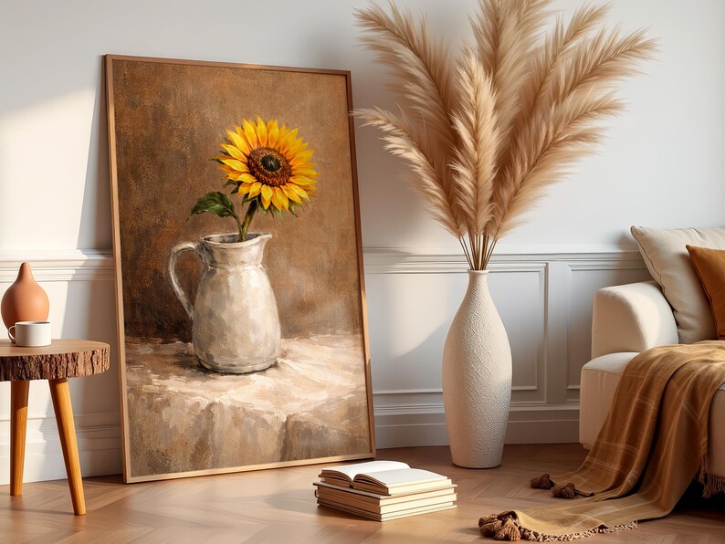 Sunflower Oil Painting Wall Art – Rustic Floral Still Life Print ...