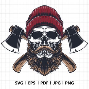 Hand Drawn Hipster Skull in Red Hat and Brown Beard with Axes illustration SVG Skeleton Head Clipart Silhouette Vector Cut files for Cricut