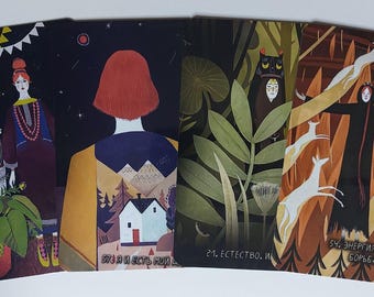 May include: Four tarot cards with illustrations. One card shows a woman in a dark dress, another depicts a person with a red bob, and the other two feature figures in a forest setting. The cards have text in a foreign language.