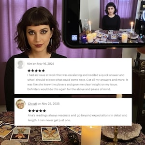 May include: A woman with dark hair and makeup is shown in a photo, with a phone displaying a second image of her. The phone screen shows a table with tarot cards and candles. Reviews are displayed below the woman's image.