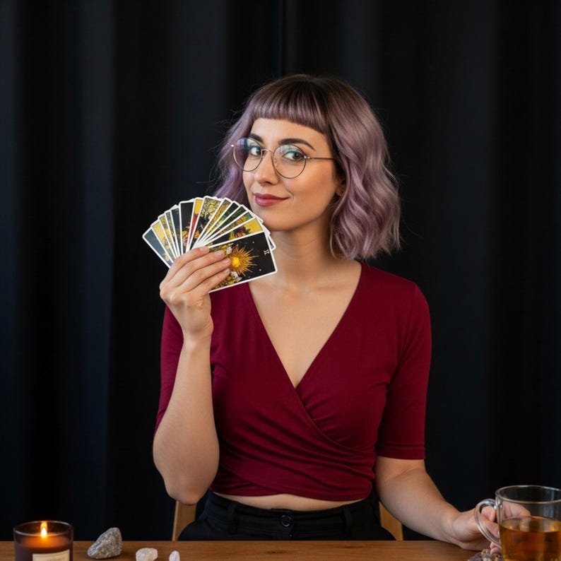 May include: A woman holding a fan of tarot cards, with a sun and star design visible on the cards. She wears a burgundy wrap top and glasses. A lit candle and a cup of tea are on the table. The background is a black curtain.