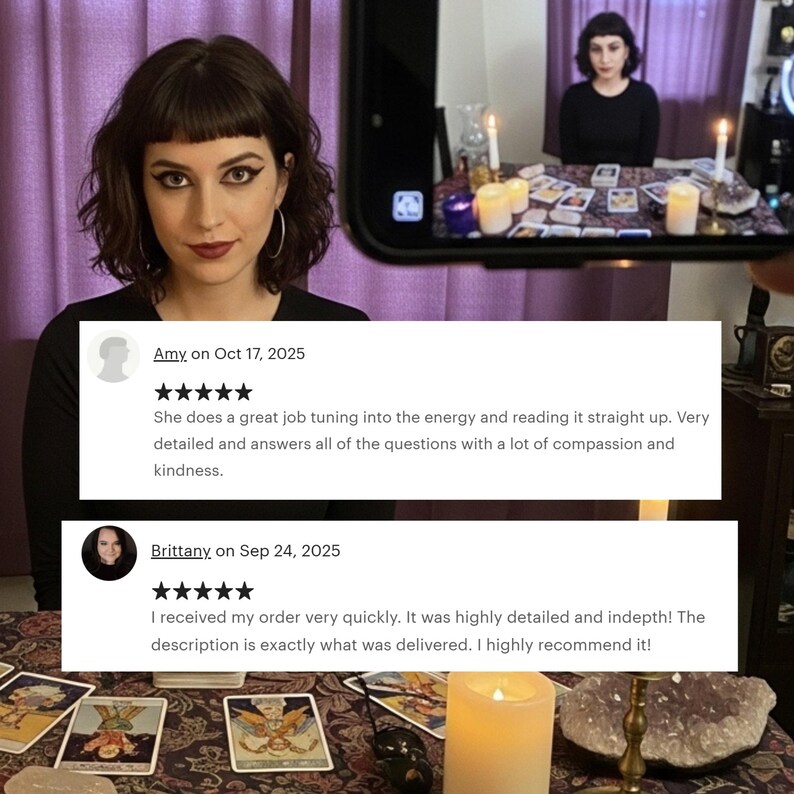 May include: A woman with dark hair and a black top is holding a phone displaying a tarot reading. The phone shows a table with tarot cards, candles, and another woman. Two customer reviews are visible.