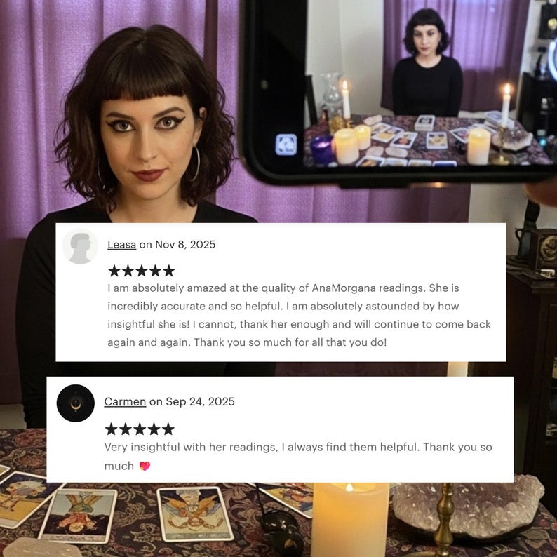 May include: A woman with dark hair and makeup is holding a phone displaying a review. The review is from Leasa on Nov 8, 2025, praising the quality of AnaMorgana readings. The image also shows a second image of a woman sitting at a table with tarot cards.