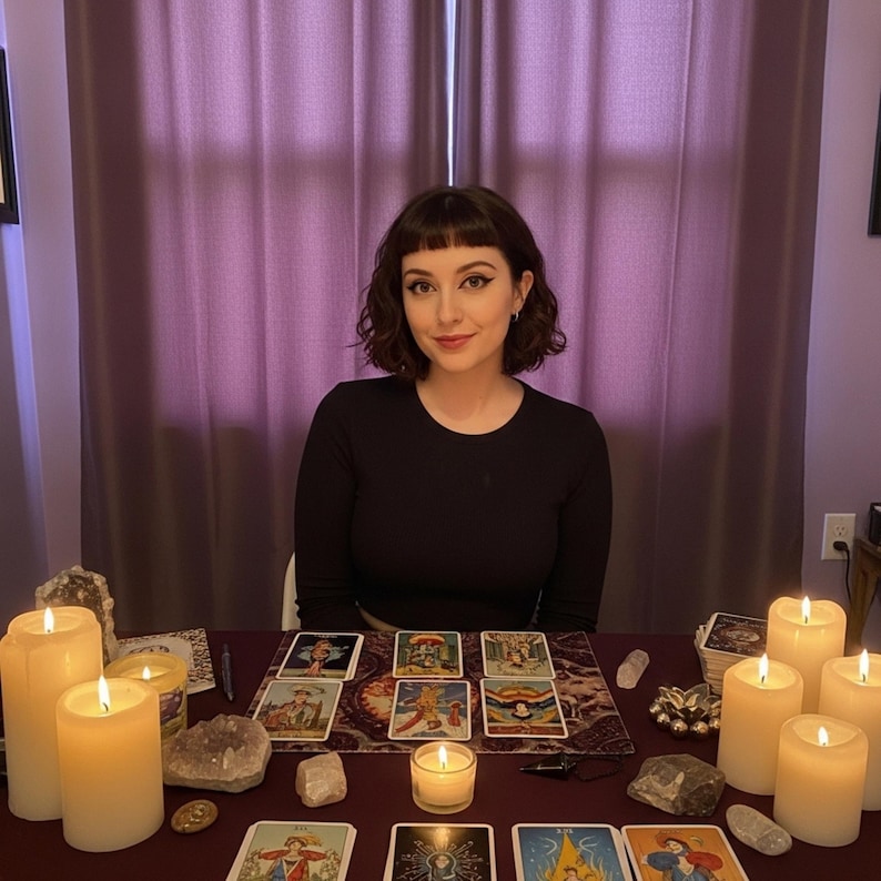 May include: A woman sits at a table with tarot cards, crystals, and lit candles. The table is covered with a dark red cloth. The woman is wearing a black long-sleeved shirt. The background features purple curtains.