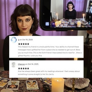 May include: A woman with dark hair and makeup is shown in a photo, with a phone displaying a second image of her. The phone screen shows a table with tarot cards, candles, and a crystal. Reviews are displayed below the woman's image.