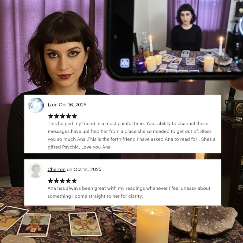 May include: A woman with dark hair and makeup is shown in a photo, with a phone displaying a second image of her. The phone screen shows a table with tarot cards, candles, and a crystal. Reviews are displayed below the woman's image.