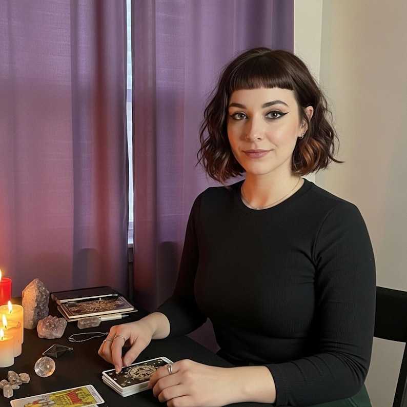 May include: A person seated at a table with tarot cards, crystals, and lit candles. The person is wearing a black long-sleeve shirt. A purple curtain is in the background. The table has a black surface.