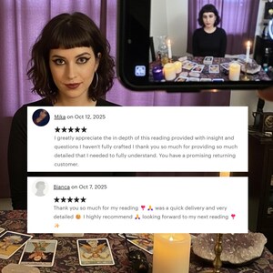 May include: A woman with dark hair and makeup is shown in a photo, with a phone displaying a second image of her. The phone screen shows a table with tarot cards, candles, and a crystal. Two customer reviews are visible.