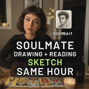 Peut inclure: Image publicitaire pour un service de dessin et de lecture d'âme sœur. Le texte indique "SOULMATE DRAWING + READING SKETCH SAME HOUR" avec une illustration de portrait. Une femme est au premier plan, avec des cartes de tarot et une bougie allumée sur la table.