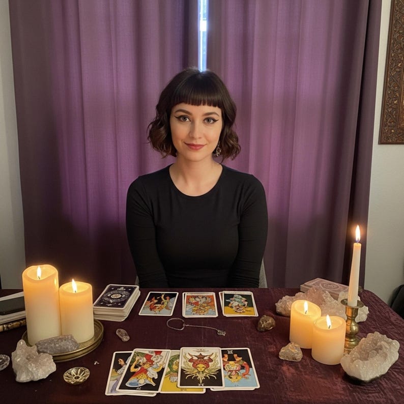 May include: A woman sits at a table with tarot cards, lit candles, and crystals. The table is covered with a dark red cloth. The woman is wearing a black long-sleeved shirt. The background includes purple curtains and a decorative wall hanging.