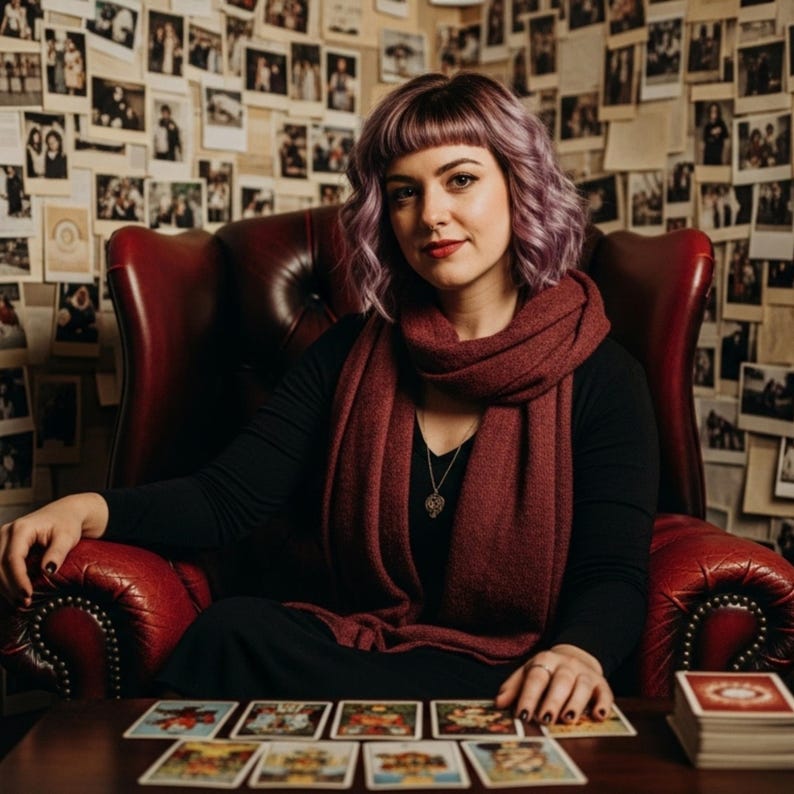 May include: A woman with purple hair sits in a red leather chair, with tarot cards laid out on a table in front of her. She wears a black top and a burgundy scarf. The background is a wall covered in framed photos.