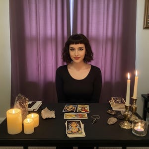 May include: A woman sits at a black table with tarot cards, lit candles, and crystals. The woman wears a black long-sleeve shirt. Two tall candles and a small candle in a glass holder are lit. A deck of tarot cards is visible.