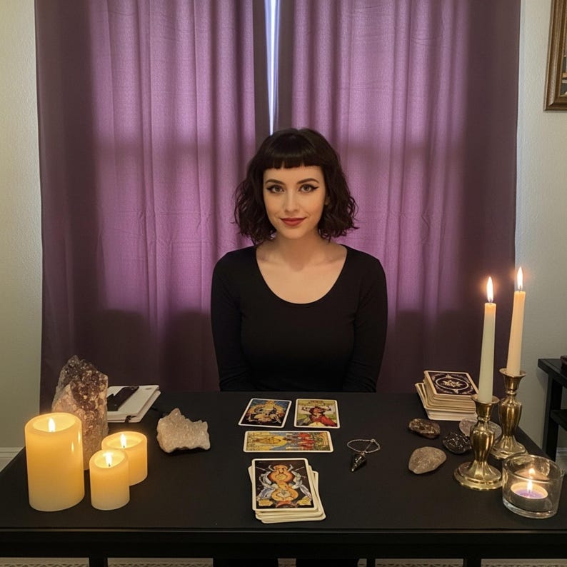 May include: A woman sits at a black table with tarot cards, lit candles, and crystals. The woman wears a black long-sleeve shirt. Two tall candles and a small candle in a glass holder are lit. A deck of tarot cards is visible.