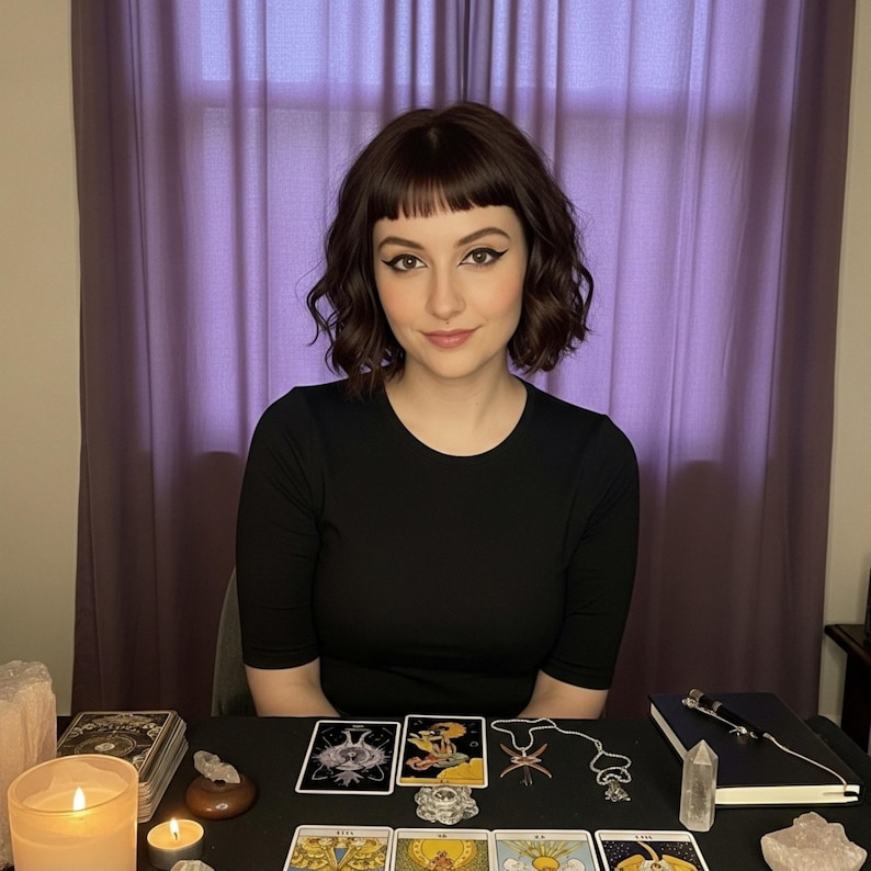 May include: A person with dark hair and a black top sits at a table with tarot cards, crystals, and candles. The table is covered with a black cloth, and a purple curtain is in the background.