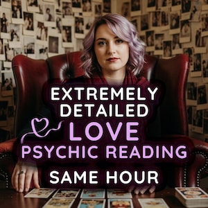 May include: A woman with purple hair sits in a red leather chair. The image features the text "EXTREMELY DETAILED LOVE PSYCHIC READING SAME HOUR" in a pink and white font. Tarot cards are on the table.
