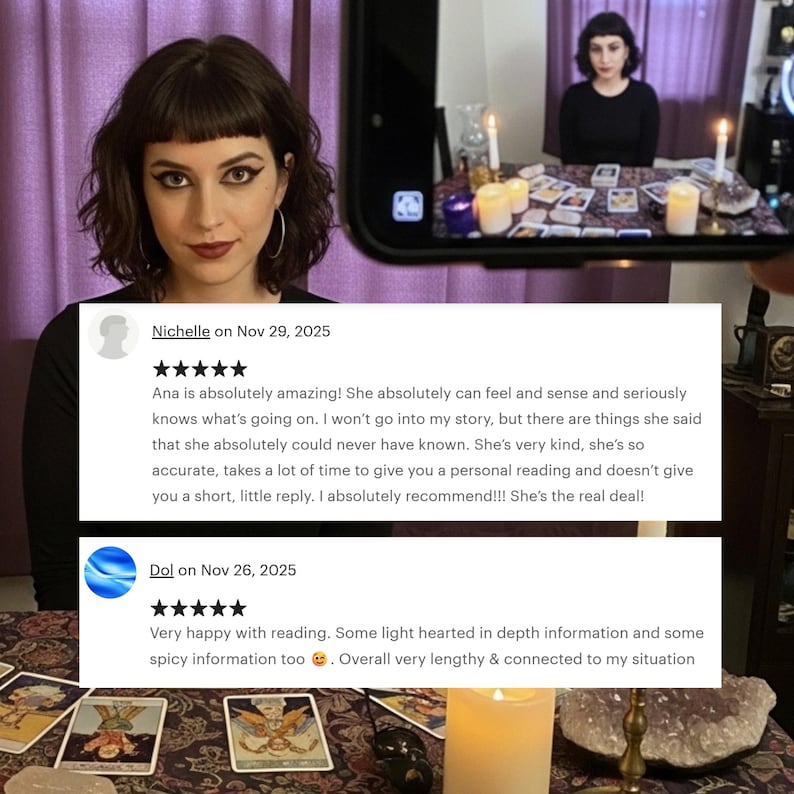 May include: A woman with dark hair and a black top is shown in a photo. The image includes a review with a five-star rating and text that reads, "Ana is absolutely amazing!" and "Very happy with reading."