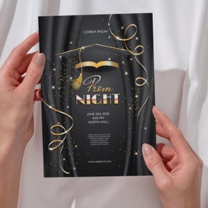 Plantilla de invitación para la noche de graduación (Clase 2025), editable en Canva. Fiesta de graduación en negro y dorado. Imprimible, 5x7. Descarga digital.