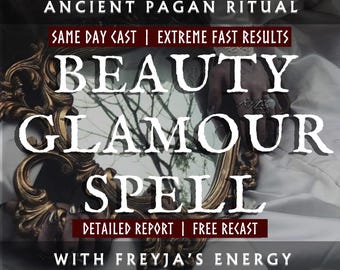 Puede incluir: Un espejo dorado ornamentado con las palabras "BEAUTY GLAMOUR SPELL" en blanco. También está presente el texto "ANCIENT PAGAN RITUAL" y otros detalles. La imagen tiene un tema místico.