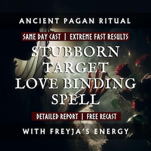 Op de afbeelding: Advertentie voor een oud heidens ritueel. De tekst luidt "Hardnekkige Doel Liefdesbinding Spell" met extra tekst over snelle resultaten en een gedetailleerd rapport. De afbeelding heeft een donkere, mystieke uitstraling met een uitgestoken hand.