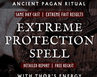 以下が含まれることがあります： 精巧な彫刻が施された木製の盾が背景となり、「Ancient Pagan Ritual」と「Extreme Protection Spell」の文字が記されています。「Same Day Cast」と「With Thor's Energy」の文字も含まれています。
