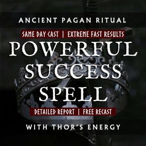 Op de afbeelding: Een zwart-witte afbeelding van een kroon en een zwaard met de tekst "ANCIENT PAGAN RITUAL", "SAME DAY CAST | EXTREME FAST RESULTS", "POWERFUL SUCCESS SPELL", "DETAILED REPORT | FREE RECAST" en "WITH THOR'S ENERGY".