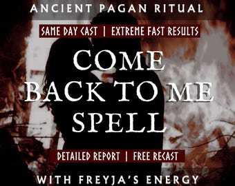 May include: Image with text: "ANCIENT PAGAN RITUAL", "COME BACK TO ME SPELL", and other phrases. Silhouetted figures are in the foreground against a fiery background. The text is in white, with some phrases in red.