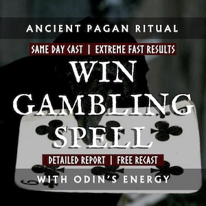 May include: Image promoting an Ancient Pagan Ritual for a Gambling Spell. The text includes "Win Gambling Spell" and "Same Day Cast | Extreme Fast Results". A playing card with black clubs is visible.