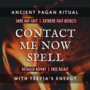 Puede incluir: Anuncio con el texto "ANCIENT PAGAN RITUAL" y "CONTACT ME NOW SPELL". El texto adicional incluye "SAME DAY CAST | EXTREME FAST RESULTS", "DETAILED REPORT | FREE RECAST" y "WITH FREYJA'S ENERGY". El fondo tiene un degradado naranja y marrón.