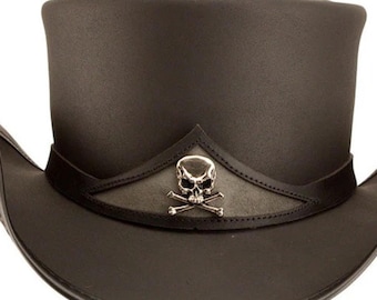 Top Hat Leather Steampunk Handmade Biker Gothic Hat with Skull