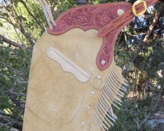 Handcrafted Leather Cowboy Chinks – Western Rodeo Style with Basket Weave Yoke & Fringe