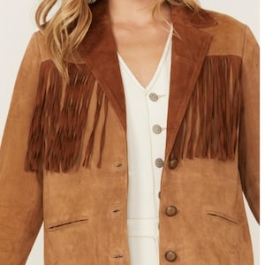 Vintage Western Suede Fringe Jacket | Women&#39;s Brown Leather Boho Coat | Retro Cowboy Style Outerwear
