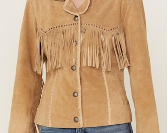 Tan Suede Fringe Jacket – Western Cowgirl Fitted Coat, Boho Rodeo Outfit, Vintage-Inspired Festival Jacket