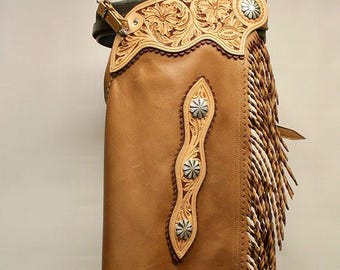 Leather Chaps with Studded Tooled Appliqué Showman's Tan